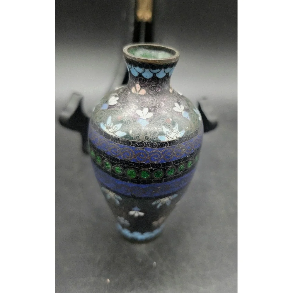 Antique Japanese Cloisonne Enamel Miniature Vase Blue Green Floral 3